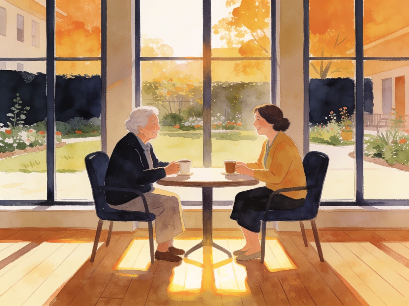 A caregiver supporting a senior resident with daily routines
