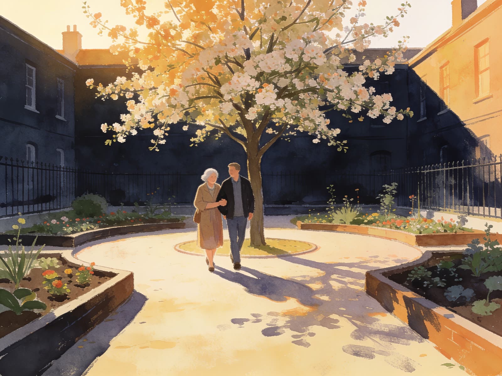Family member visiting a loved one in a secure memory care community for dementia support